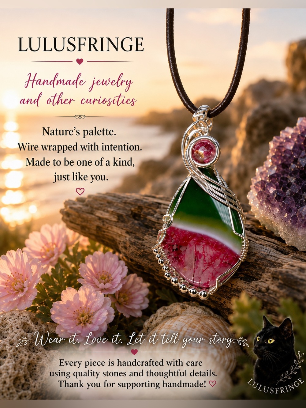 Watermelon Agate Hand Wrapped Pendant In Sterling Silver
